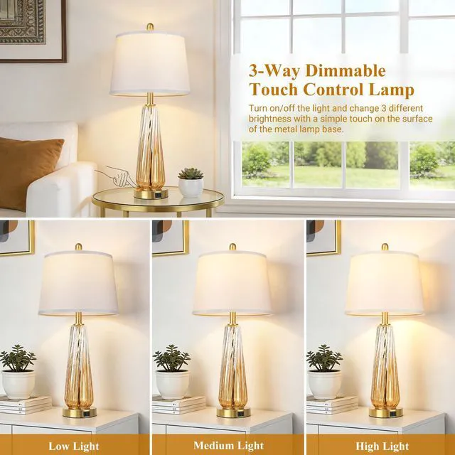 Alt view image 2 of 7 - Glass Table Lamps Set of 2, Modern Bedside Lamps for Bedrooms with 3-Way Dimmable Touch Control Nightstand Lamp with White Lampshade USB A+C Ports, 27.5" Large Lamps for Living Room Decor, Champagne