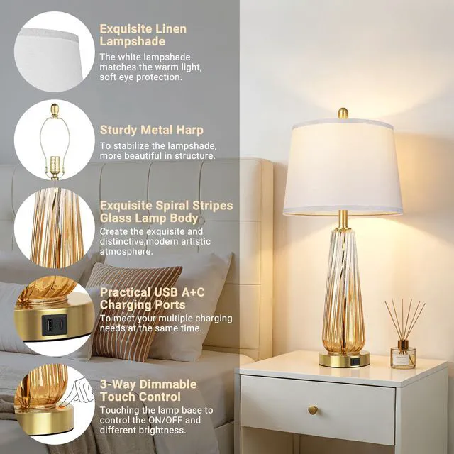 Alt view image 3 of 7 - Glass Table Lamps Set of 2, Modern Bedside Lamps for Bedrooms with 3-Way Dimmable Touch Control Nightstand Lamp with White Lampshade USB A+C Ports, 27.5" Large Lamps for Living Room Decor, Champagne