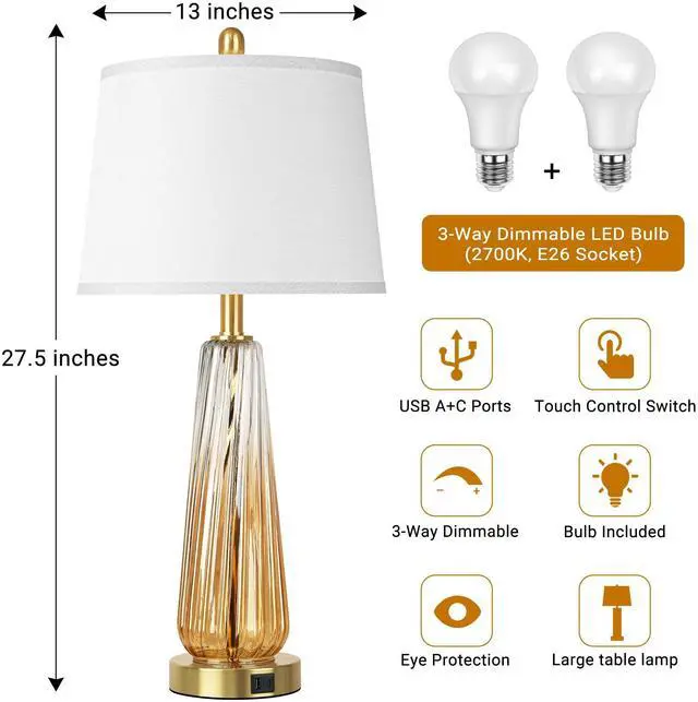 Alt view image 4 of 7 - Glass Table Lamps Set of 2, Modern Bedside Lamps for Bedrooms with 3-Way Dimmable Touch Control Nightstand Lamp with White Lampshade USB A+C Ports, 27.5" Large Lamps for Living Room Decor, Champagne
