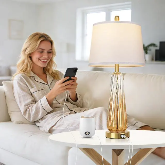 Alt view image 5 of 7 - Glass Table Lamps Set of 2, Modern Bedside Lamps for Bedrooms with 3-Way Dimmable Touch Control Nightstand Lamp with White Lampshade USB A+C Ports, 27.5" Large Lamps for Living Room Decor, Champagne