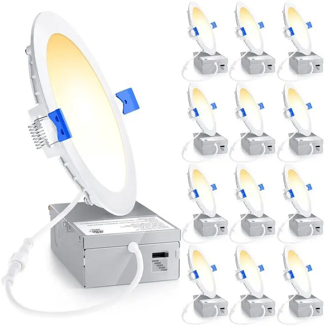 Main image of 12 Pack 6 Inch LED Recessed Light, 5CCT Dimmable Canless Wafer 2700K-5000K Selectable, 5%-100% Dimmable, 1200LM 12W 120V, IC & Damp Rated, ETL & FCC & UL Certified, 50000h Life Span