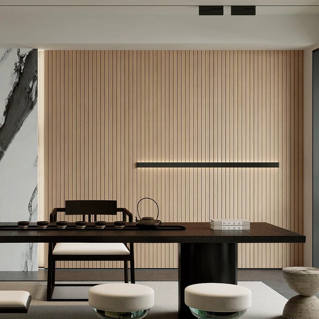 Alt view image 3 of 7 - Peel and Stick PVC Slat Wall Panel 236"x15.75" Self-Adhesive Thick Faux Oak Wood Grain Wallpaper Panel 3D Soundproof Wall Panels for Walls & Ceilings