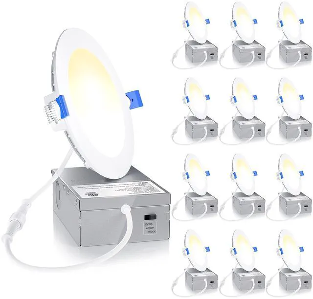 Main image of 12 Pack 4 Inch LED Recessed Light, 3CCT Dimmable Canless Wafer 3000K-5000K Selectable, 5%-100% Dimmable, 750LM 9W 120V, IC & Damp Rated, ETL & FCC & UL Certified, 50000h Life Span