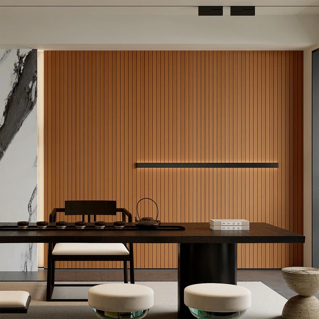 Alt view image 3 of 7 - Peel and Stick PVC Slat Wall Panel 236"x15.75" Self-Adhesive Thick Faux Walnut Wood Grain Wallpaper Panel 3D Soundproof Wall Panels for Walls & Ceilings