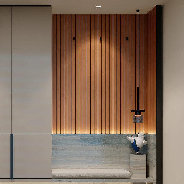 Alt view image 5 of 7 - Peel and Stick PVC Slat Wall Panel 236"x15.75" Self-Adhesive Thick Faux Walnut Wood Grain Wallpaper Panel 3D Soundproof Wall Panels for Walls & Ceilings