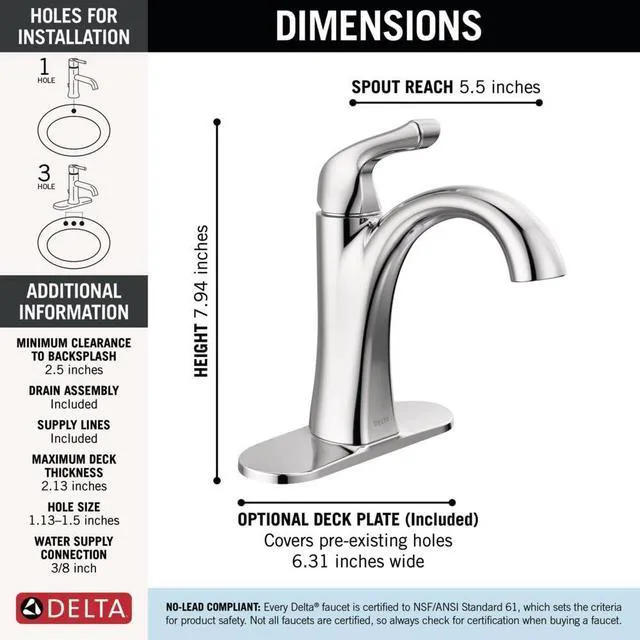 Alt view image 4 of 7 - Arvo Chrome Bathroom Faucet 1 Hole, Single Hole Bathroom Sink Faucet for Vanity, Push-Pop Drain Assembly, Chrome 15840LF