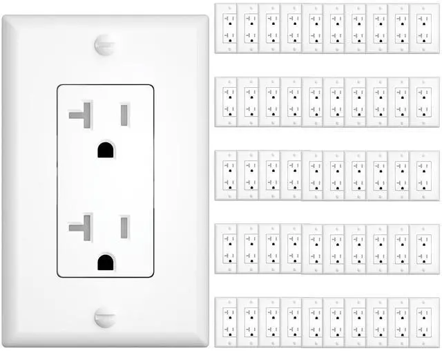 Main image of 50 Pack 20 Amp Tamper Resistant Wall Outlets UL Listed Decorator Electrical Receptacles with Wall Plates, 125V/1875W Electrical Outlets for Home, Office & Commercial Use, White