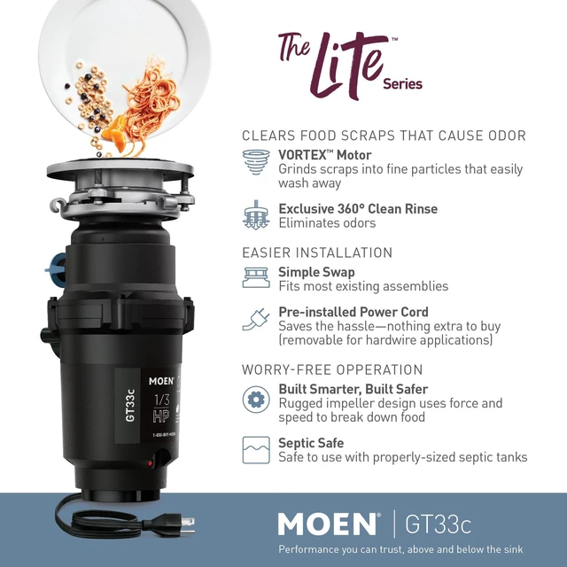 Alt view image 2 of 7 - GT33C Lite Series 1/3 Horsepower Continous Feed Garbage Disposal featuring Fast Track Technology, Power Cord Included