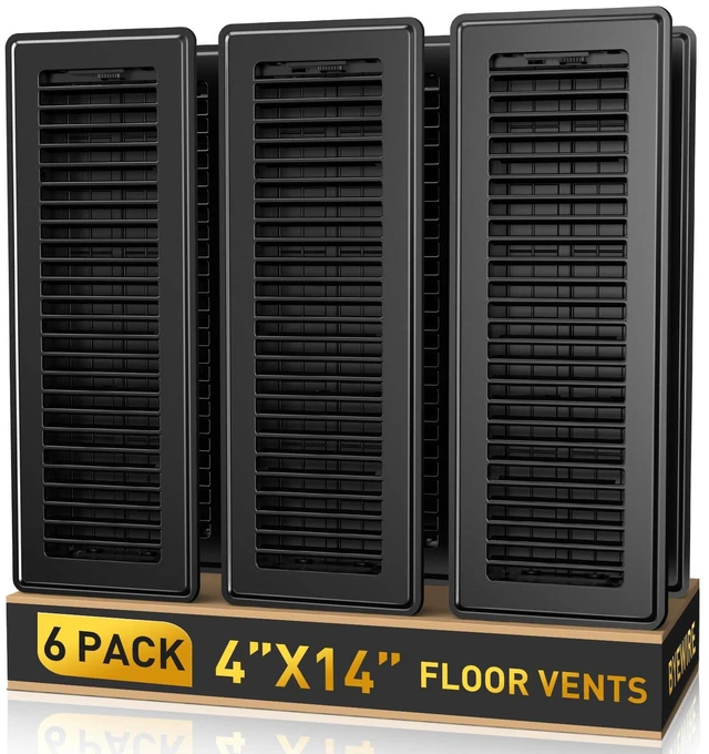 Main image of 4x14 Floor Register, 6 Pack Vent Covers for Home Floor and Sidewall, Black Heavy Duty Steel Walkable Floor Vents, Rust-Proof & Adjustable Quiet Airflow Floor Vent Covers, Fits 4" x 14" Duct Openings