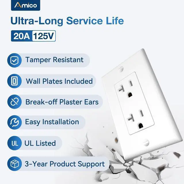 Alt view image 2 of 7 - 50 Pack 20 Amp Tamper Resistant Wall Outlets UL Listed Decorator Electrical Receptacles with Wall Plates, 125V/1875W Electrical Outlets for Home, Office & Commercial Use, White