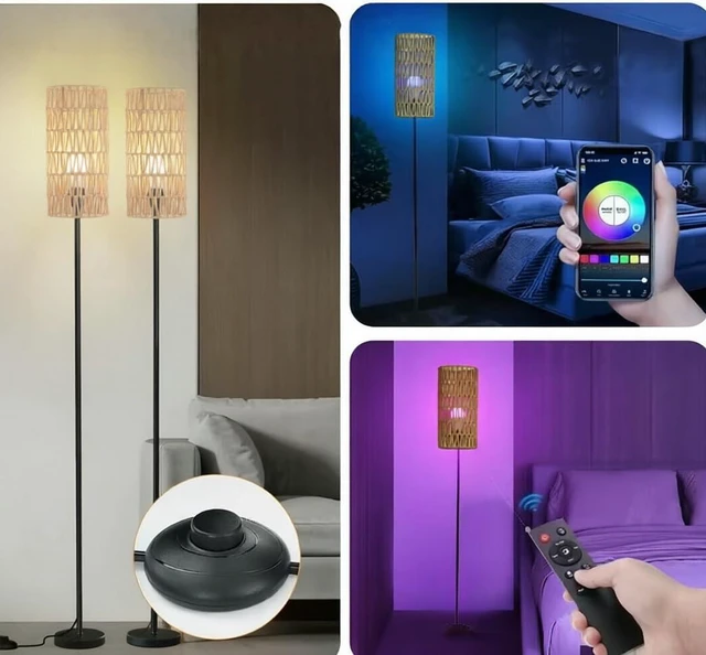 Alt view image 3 of 7 - 2 Pack Smart Floor Lamp for Living Room,Gaming - Remote, Timer Floor lamp with Remote, APP Control & RGB Standing lamp with Hand-Worked Rattan Shade Bluetooth Bulb Included