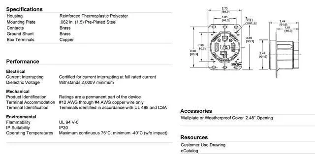 Alt view image 3 of 3 - HBL9450A Straight Blade Device Receptacle, RTP, Industrial Grade, 3-Pole 4-Wire Grounding, 50A 125/250V, 14-50R