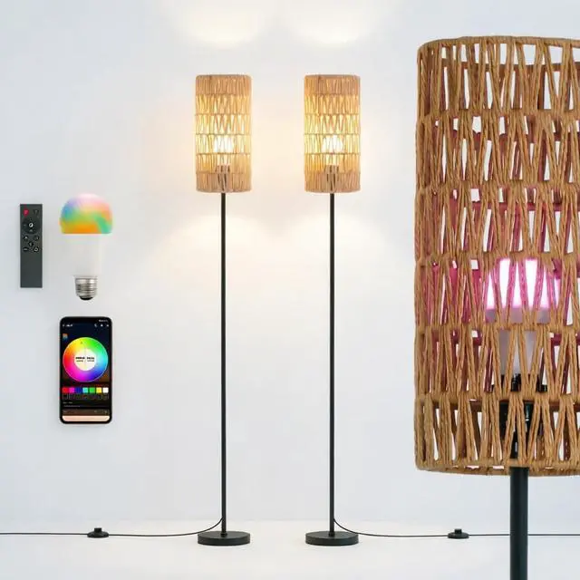 Alt view image 5 of 7 - 2 Pack Smart Floor Lamp for Living Room,Gaming - Remote, Timer Floor lamp with Remote, APP Control & RGB Standing lamp with Hand-Worked Rattan Shade Bluetooth Bulb Included