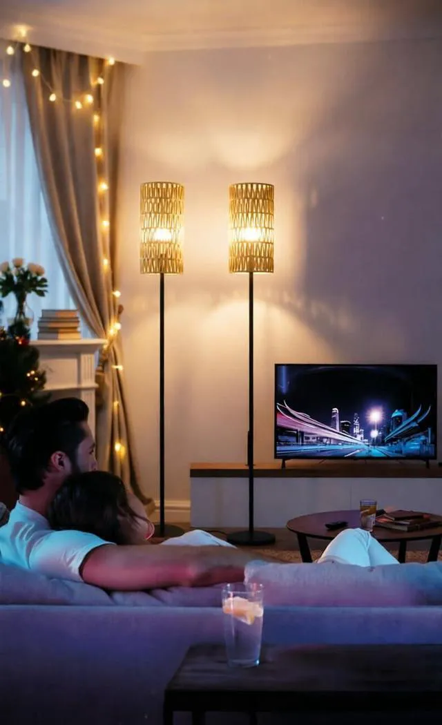 Alt view image 4 of 7 - 2 Pack Smart Floor Lamp for Living Room,Gaming - Remote, Timer Floor lamp with Remote, APP Control & RGB Standing lamp with Hand-Worked Rattan Shade Bluetooth Bulb Included