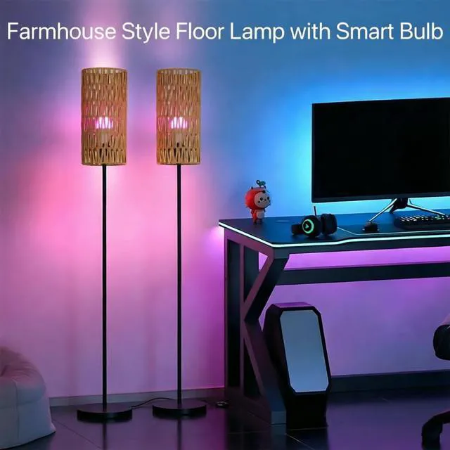 Alt view image 6 of 7 - 2 Pack Smart Floor Lamp for Living Room,Gaming - Remote, Timer Floor lamp with Remote, APP Control & RGB Standing lamp with Hand-Worked Rattan Shade Bluetooth Bulb Included