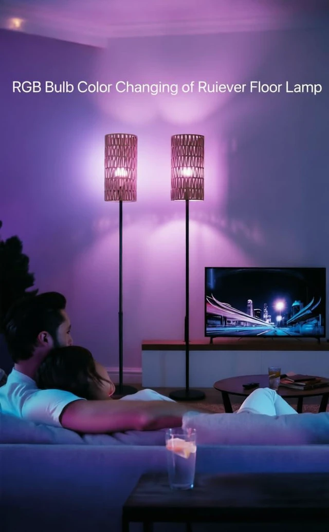 Alt view image 7 of 7 - 2 Pack Smart Floor Lamp for Living Room,Gaming - Remote, Timer Floor lamp with Remote, APP Control & RGB Standing lamp with Hand-Worked Rattan Shade Bluetooth Bulb Included