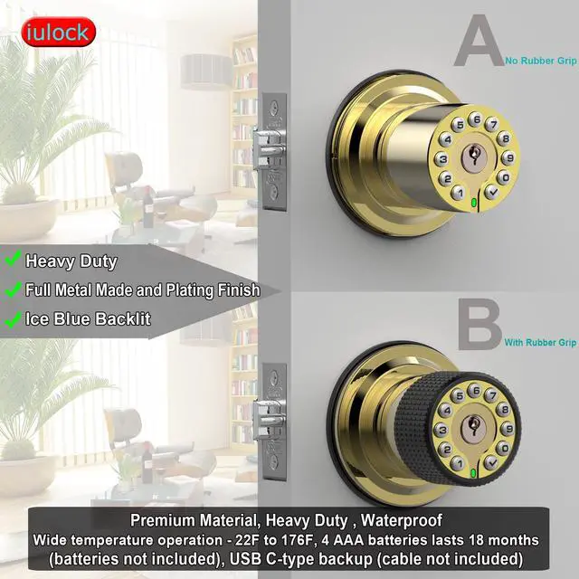 Alt view image 2 of 5 - Smart Door Knob with Keypad and Key,Keyless Entry Door Lock with Rubber Grip, Auto Lock,50 User Code,Waterproof, Easy to Install and Program for Bedroom Garage Office Gate (Golden)