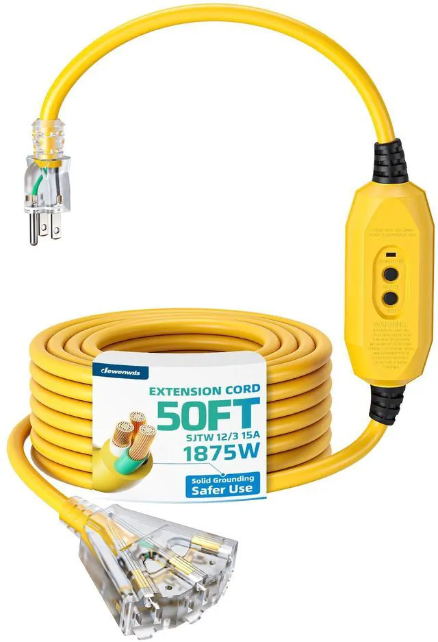 Main image of 50FT Auto Reset GFCI Extension Cord, 12/3 AWG SJTW LED Indicator Light, 3 Prong Plug, Heavy Duty Power Cable for Pool Pump, Pressure Washer, Lawn Mower, UL Listed, Yellow
