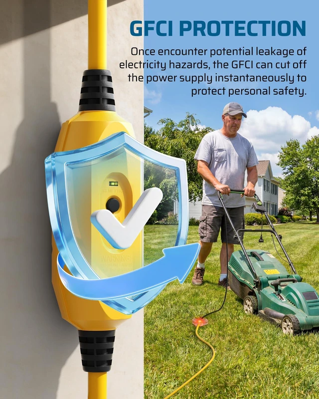 Alt view image 3 of 7 - 50FT Auto Reset GFCI Extension Cord, 12/3 AWG SJTW LED Indicator Light, 3 Prong Plug, Heavy Duty Power Cable for Pool Pump, Pressure Washer, Lawn Mower, UL Listed, Yellow