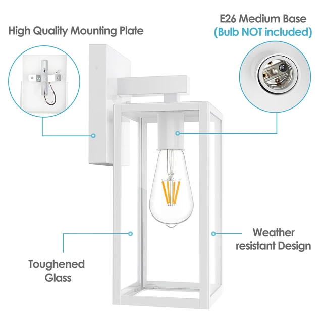 Alt view image 7 of 7 - Outdoor Wall Light Fixture, Exterior Waterproof Wall Lantern Porch Wall Sconce White, Anti-Rust, E26 Socket, Clear Glass, Outside Wall Mount Light, Front Door Lighting for Patio Garage