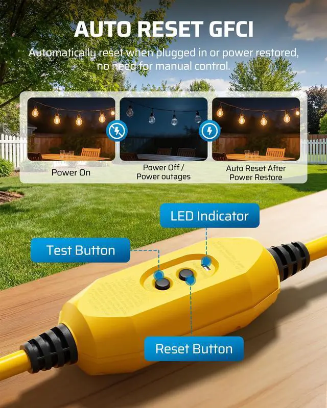 Alt view image 4 of 7 - 50FT Auto Reset GFCI Extension Cord, 12/3 AWG SJTW LED Indicator Light, 3 Prong Plug, Heavy Duty Power Cable for Pool Pump, Pressure Washer, Lawn Mower, UL Listed, Yellow