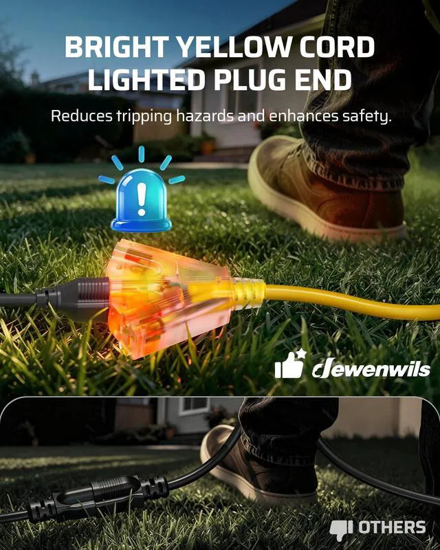 Alt view image 6 of 7 - 50FT Auto Reset GFCI Extension Cord, 12/3 AWG SJTW LED Indicator Light, 3 Prong Plug, Heavy Duty Power Cable for Pool Pump, Pressure Washer, Lawn Mower, UL Listed, Yellow