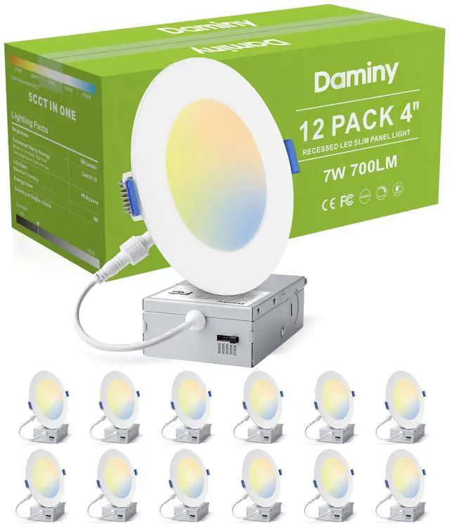 Main image of 12 Pack 4 Inch LED Recessed Lighting, Canless Wafer Downlight 5CCT, Ultra-Thin Recessed Light with Junction Box, Dimmable, 7W 700LM 120V, IC&Damp Rated