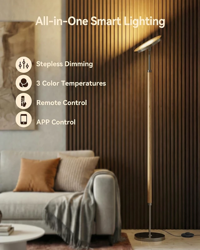 Alt view image 3 of 7 - Wood LED Torchiere Floor Lamp with Remote, 3000LM Dimmable 69" Tall Uplight, 2700K-6500K Color Temperature, 1-Hour Timer, Eye-Caring Lighting, For Living Room, Bedroom & Office