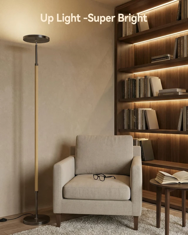 Alt view image 4 of 7 - Wood LED Torchiere Floor Lamp with Remote, 3000LM Dimmable 69" Tall Uplight, 2700K-6500K Color Temperature, 1-Hour Timer, Eye-Caring Lighting, For Living Room, Bedroom & Office