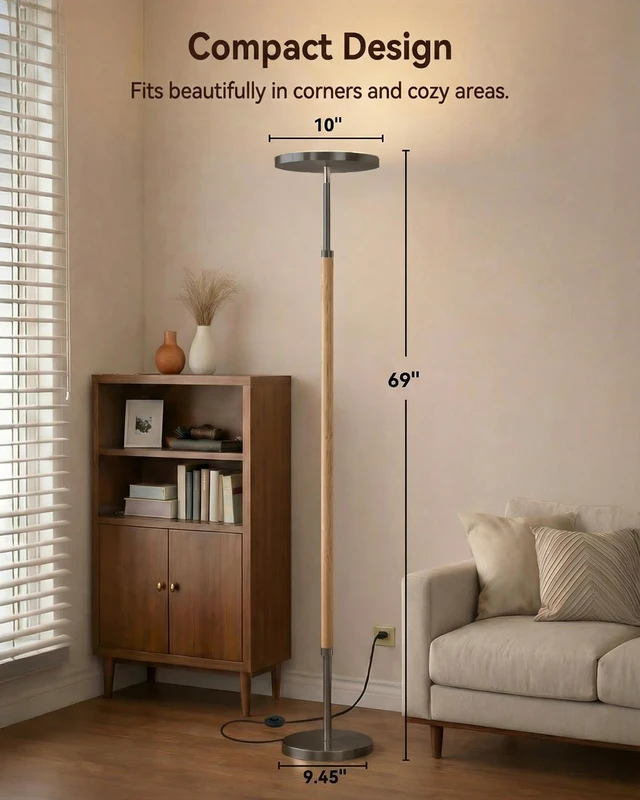 Alt view image 5 of 7 - Wood LED Torchiere Floor Lamp with Remote, 3000LM Dimmable 69" Tall Uplight, 2700K-6500K Color Temperature, 1-Hour Timer, Eye-Caring Lighting, For Living Room, Bedroom & Office
