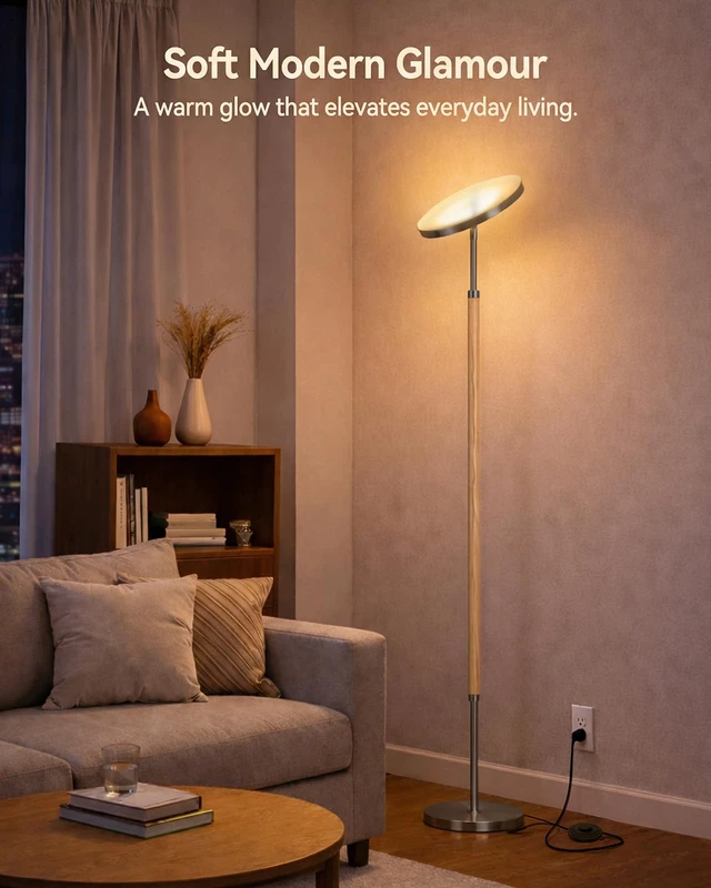 Alt view image 6 of 7 - Wood LED Torchiere Floor Lamp with Remote, 3000LM Dimmable 69" Tall Uplight, 2700K-6500K Color Temperature, 1-Hour Timer, Eye-Caring Lighting, For Living Room, Bedroom & Office