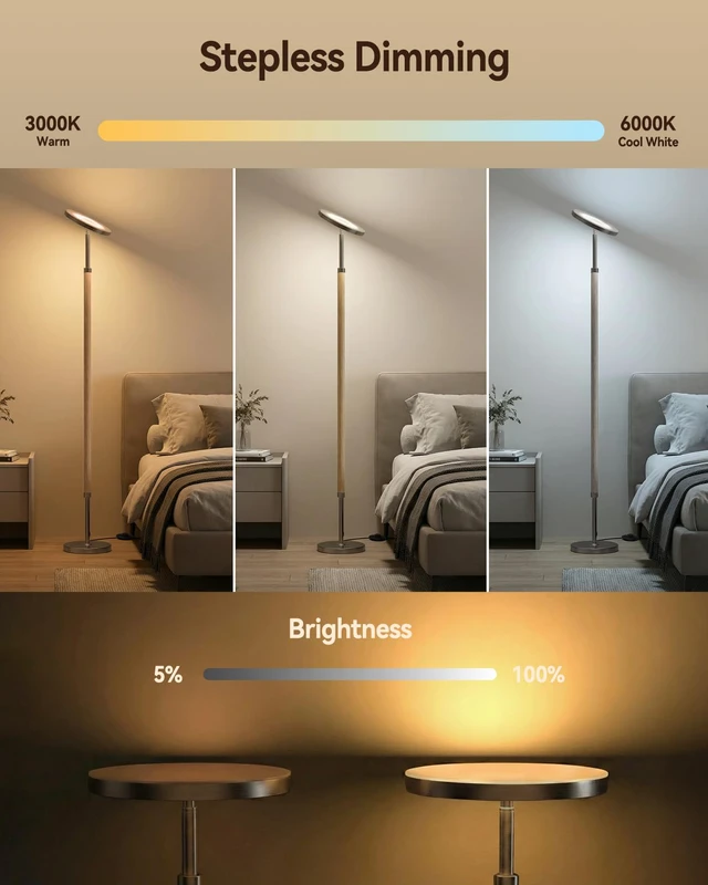 Alt view image 7 of 7 - Wood LED Torchiere Floor Lamp with Remote, 3000LM Dimmable 69" Tall Uplight, 2700K-6500K Color Temperature, 1-Hour Timer, Eye-Caring Lighting, For Living Room, Bedroom & Office