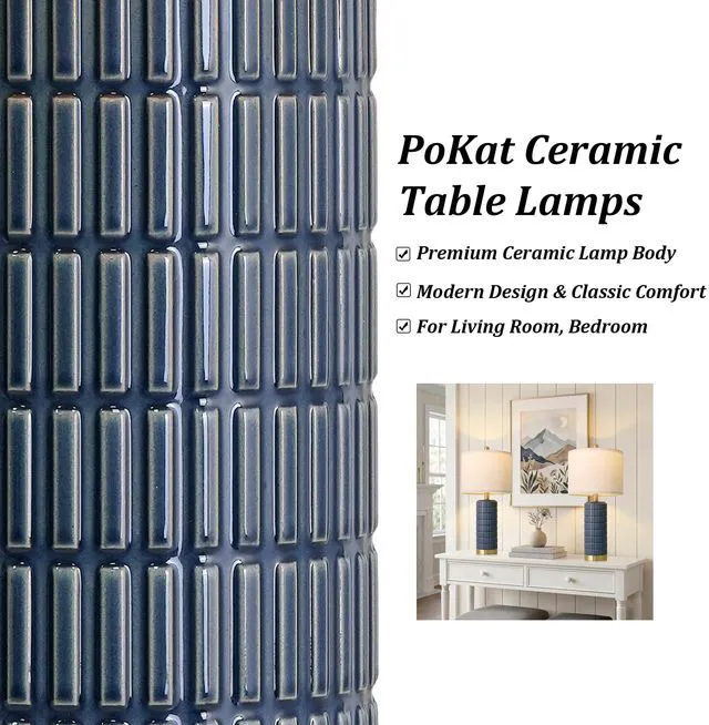 Alt view image 2 of 7 - 25'' Blue Table Lamps for Bedroom Living Room Set of 2, Modern Ceramic Bedside Lamps with Gold Base for Office Sideboard Entryway Side End Table Nightstand Desk Lamps Home Gift (Dark Blue)