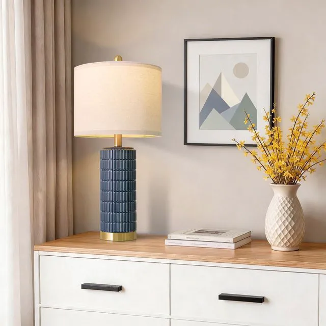 Alt view image 4 of 7 - 25'' Blue Table Lamps for Bedroom Living Room Set of 2, Modern Ceramic Bedside Lamps with Gold Base for Office Sideboard Entryway Side End Table Nightstand Desk Lamps Home Gift (Dark Blue)