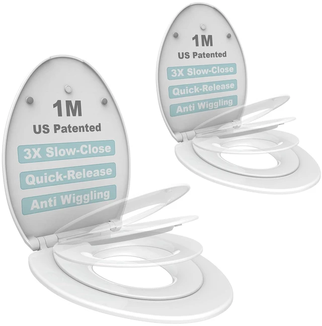 Main image of Family Toilet Seat, Patented Slow Close & Quick Releasing Technology, Anti-Wiggling, Easy to Install and Clean, Standard Elongated with Toddler Seat Built In (2 Pieces)