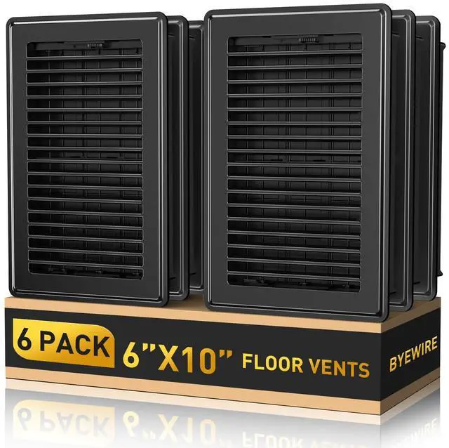 Main image of Floor Register Fits 6"x 10" & 10"x6" Duct Opening, 6-Pack Black Floor Vents Heavy Duty Steel Walkable Vent Covers for Home Floor, Sidewall, Adjustable Quiet Airflow, Rust-Proof Air Register Vent Cover
