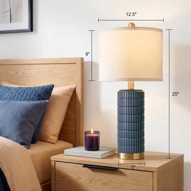 Alt view image 5 of 7 - 25'' Blue Table Lamps for Bedroom Living Room Set of 2, Modern Ceramic Bedside Lamps with Gold Base for Office Sideboard Entryway Side End Table Nightstand Desk Lamps Home Gift (Dark Blue)