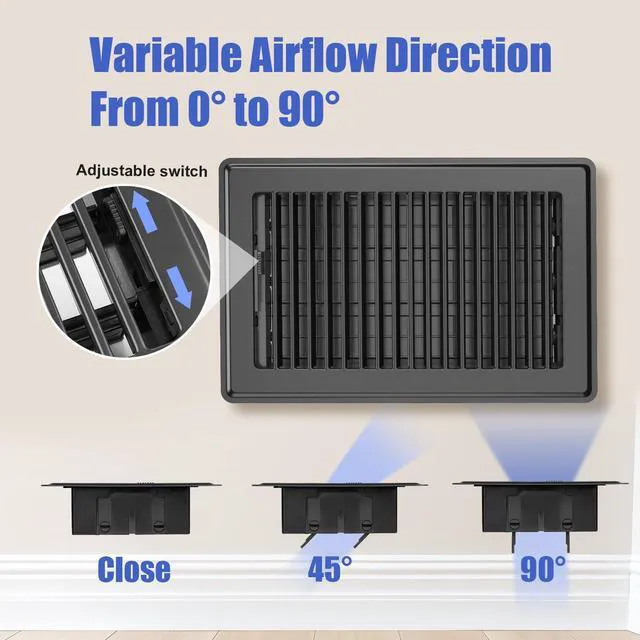 Alt view image 4 of 7 - Floor Register Fits 6"x 10" & 10"x6" Duct Opening, 6-Pack Black Floor Vents Heavy Duty Steel Walkable Vent Covers for Home Floor, Sidewall, Adjustable Quiet Airflow, Rust-Proof Air Register Vent Cover