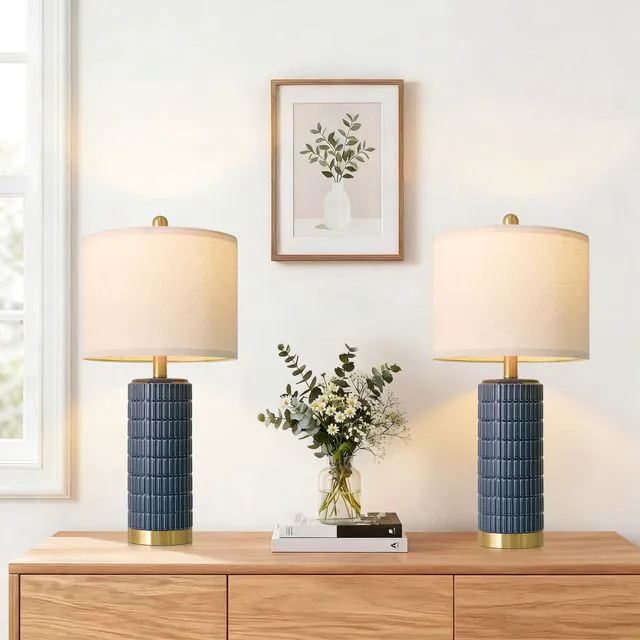 Alt view image 7 of 7 - 25'' Blue Table Lamps for Bedroom Living Room Set of 2, Modern Ceramic Bedside Lamps with Gold Base for Office Sideboard Entryway Side End Table Nightstand Desk Lamps Home Gift (Dark Blue)