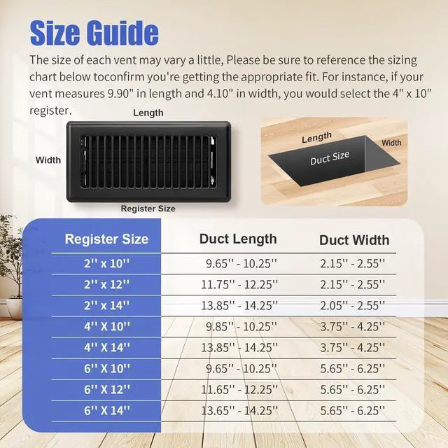 Alt view image 7 of 7 - Floor Register Fits 6"x 10" & 10"x6" Duct Opening, 6-Pack Black Floor Vents Heavy Duty Steel Walkable Vent Covers for Home Floor, Sidewall, Adjustable Quiet Airflow, Rust-Proof Air Register Vent Cover