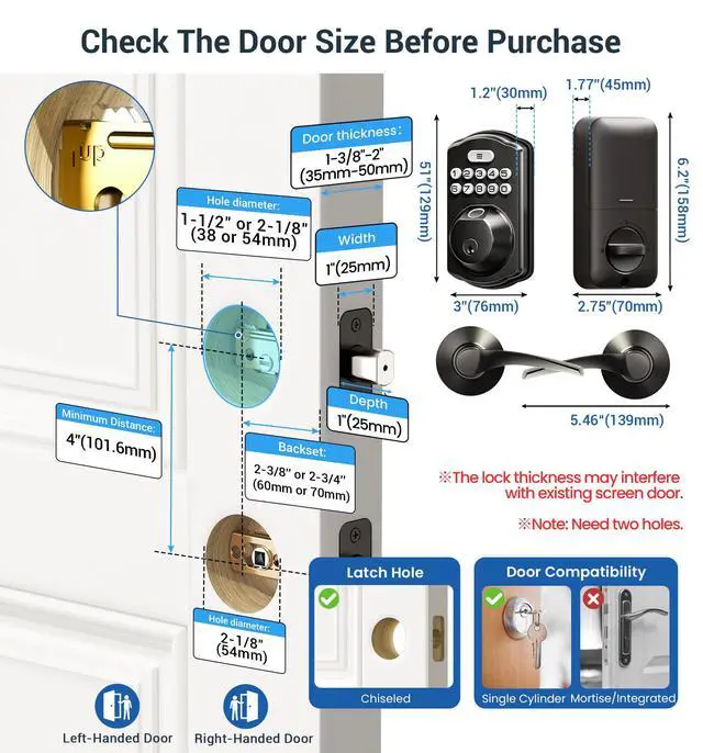 Alt view image 6 of 7 - KS02B Fingerprint Door Lock with 2 Lever Handles, Matte Black Zinc Alloy Handle Set, Auto Lock, Anti-Peep Codes, 2 Keys, Keyless Entry Deadbolt, Electronic Back-Lit Keypad, for Front Door