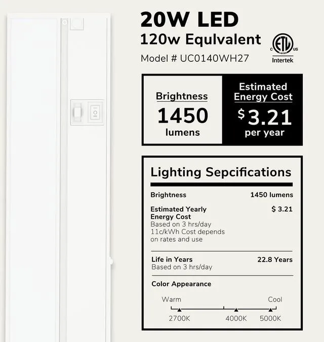Alt view image 2 of 7 - Halo 40-Inch Hardwired LED Under Cabinet Light, 3-CCT, White Power cord sold separately for plug-in installation. 2700K/4000K/5000K, dimmable. Model: UC0140WH27