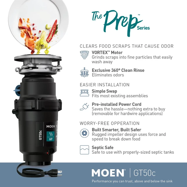 Alt view image 7 of 7 - Prep Series Disposer 1/2 Horsepower Continuous Feed Garbage Disposal featuring Fast Track Technology, Power Cord Included, GT50C