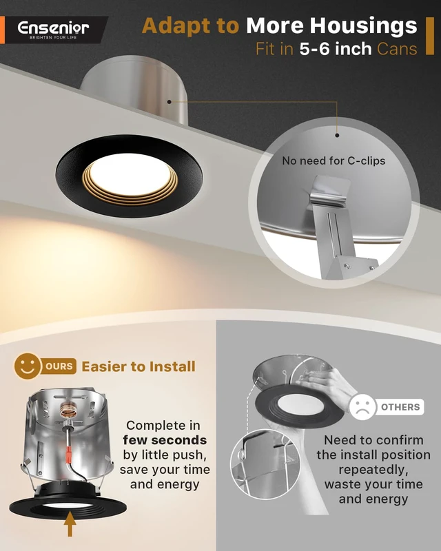 Alt view image 2 of 7 - 5/6 Inch Black LED Recessed Can Lights, 5CCT, 9W, 1000LM, 12 Pack Retrofit Baffle Trim, 5%-100% Dimmable, 2700K-5000K Selectable CCT, Damp&IC Rated, ETL&FCC Certified, Quick E26 Install