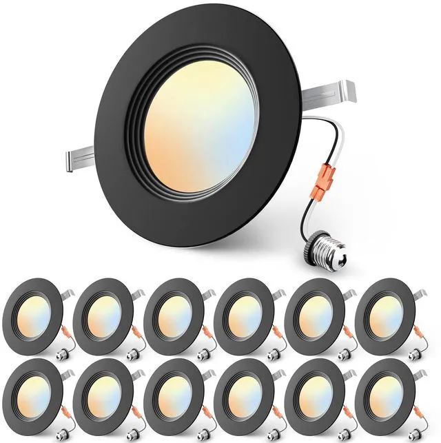 Main image of 5/6 Inch Black LED Recessed Can Lights, 5CCT, 9W, 1000LM, 12 Pack Retrofit Baffle Trim, 5%-100% Dimmable, 2700K-5000K Selectable CCT, Damp&IC Rated, ETL&FCC Certified, Quick E26 Install