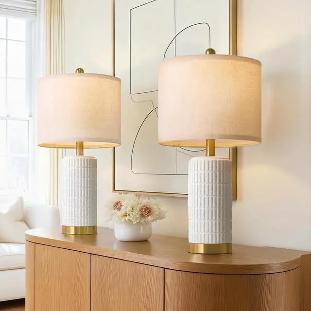 Alt view image 2 of 7 - 21.5'' Stone-Like Bedside Table Lamps Set of 2 for Bedroom with 2 USB A+C, Modern Lamps for Living Room, Ceramic Nightstand Desk Lamps with Charging Ports Office Dorm Sideboard (Frosted White)