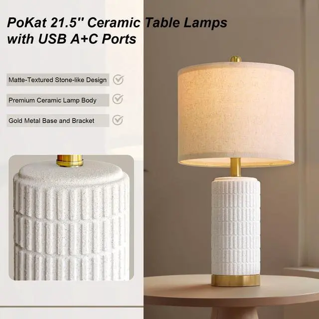Alt view image 4 of 7 - 21.5'' Stone-Like Bedside Table Lamps Set of 2 for Bedroom with 2 USB A+C, Modern Lamps for Living Room, Ceramic Nightstand Desk Lamps with Charging Ports Office Dorm Sideboard (Frosted White)