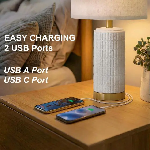 Alt view image 3 of 7 - 21.5'' Stone-Like Bedside Table Lamps Set of 2 for Bedroom with 2 USB A+C, Modern Lamps for Living Room, Ceramic Nightstand Desk Lamps with Charging Ports Office Dorm Sideboard (Frosted White)