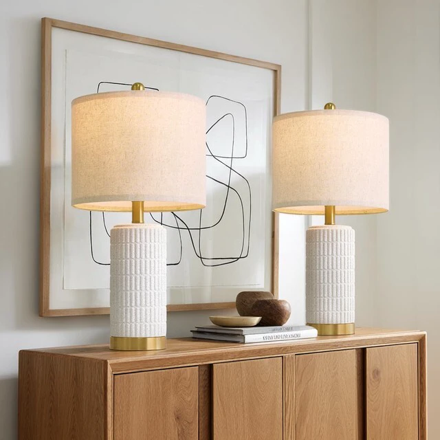 Alt view image 5 of 7 - 21.5'' Stone-Like Bedside Table Lamps Set of 2 for Bedroom with 2 USB A+C, Modern Lamps for Living Room, Ceramic Nightstand Desk Lamps with Charging Ports Office Dorm Sideboard (Frosted White)