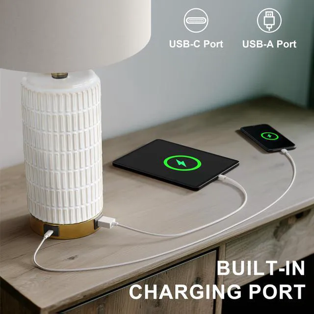 Alt view image 2 of 7 - Small Bedside Table Lamps with USB Ports for Bedroom, 21.5'' White Nightstand Lamps for Night Stands, Modern Ceramic Bedroom Lamps for Living Room End Table, White and Beige
